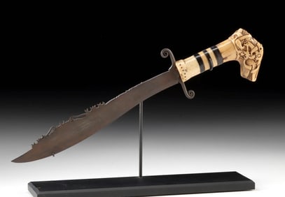 Ornate Borneo Dayak Bone & Iron Knife, Beast Pommel