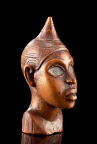 Late 19th C. Yombe Wood Bust w/ Glass Inlay Eyes
