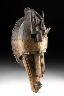 Early 20th C. Mali Marka Kore Wood Mask - Brass Overlay: West Africa, Mali, Marka, ca. early 20th century CE. A striking early 20th century Marka kore mask, masterfully carved from wood and sheathed in finely tooled brass, its lustrous metal surface meticul