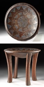 Kenyan Kamba Wood Stool + Inlaid Seed Bead Motifs