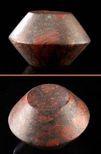 Rare Native American Woodlands Red Porphyry Discoidal: Native American, Midwestern United States, Southern Illinois, Eastern Woodlands culture, ca. 1000 to 300 BCE. A beautifully crafted ancient discoidal, carved from richly mottled red porphyry! This idi