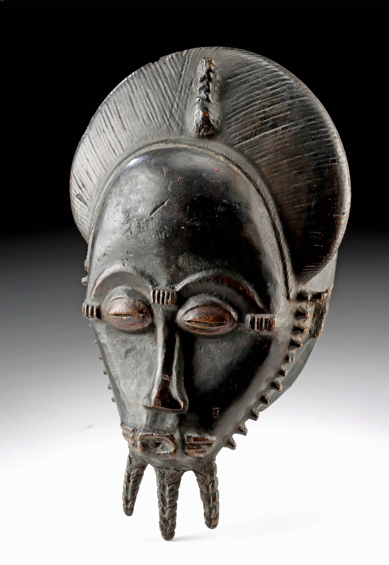 Impressive 19th C. Baule Carved Mblo Mask with Crest & Striations (1 of 2)