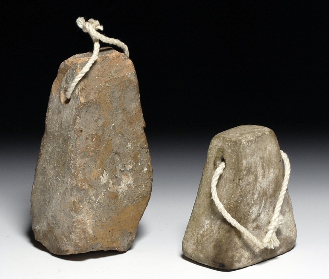 Set of 2 Greek South Italic Loom Weights - Published!: Excavated from a necropolis near Ordona, Italy by Byron Farwell in 1944-1945. Published in figure 14 of Franklin Johnson's "The Farwell Collection." Ancient Greek, South Italic, Ca. 5th - 4th Century 