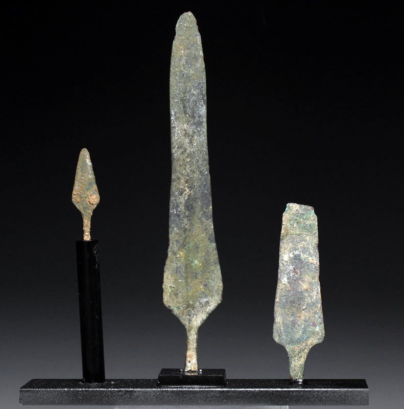 Elamite Bronze Spear / Arrow (set of 3): Elamite Empire, Luristan, Ca. Late 3rd - Early 1st Millennia BCE. This set of three early Elamite bronze blades includes two spear tips, and one bronze arrow head. The largest blade has a center ridge