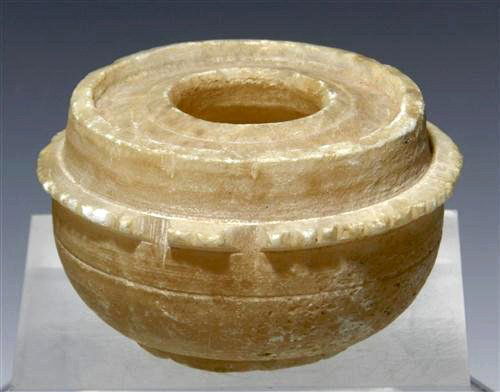 Ancient Near East / Bactrian Alabaster Vessel: Most likely Bactrian, from ancient Pakistan / Afghanistan, ca 5th to 3rd centuries BCE. Made from polished translucent stone, like alabaster or gypsum. Served as container for ointments, precious perf