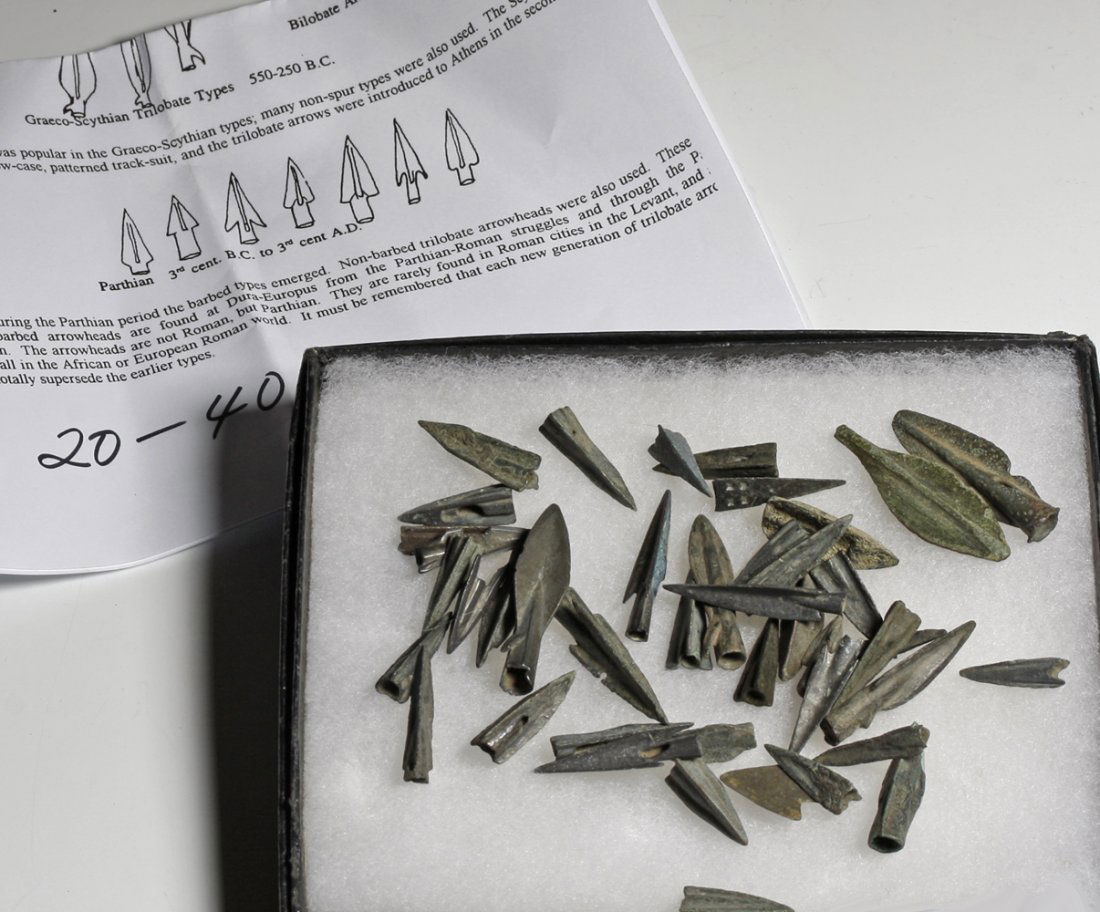 Lot of 38 Parthian Bronze Arrowheads: Parthian Empire, Ca 200 BCE to 300 CE. Nice lot of 38 ancient bronze arrowheads. Includes broad-leaf and trilobate forms. A great dealer lot! About 1-1/2"L for longest. PROVENANCE: EX-Peter Urban col