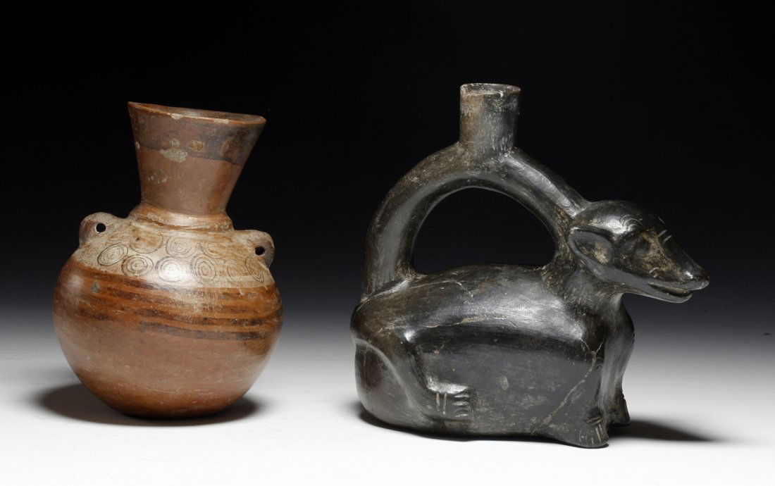 Chimu Blackware Jar + Lambayeque Redware Olla: Pre-Columbian, Northern Peru, Ca 800 to 1400 CE. First, a Lambayeque / Sican redware olla with twin suspension lugs jar decorated with horizontal lines and circles. 5"H. Next, a Chimu blackware stirru