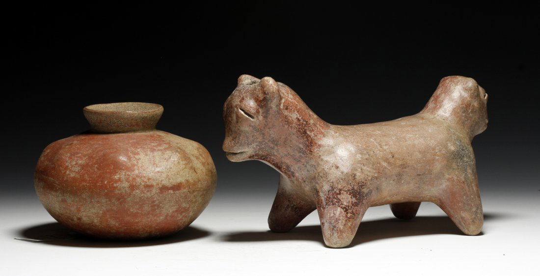 Jalisco Janus-Headed Dog + Colima Olla: Pre-Columbian, West Mexico, Ca 200 BCE to 200 CE. First, redware two-headed terracotta dog with simple features and slits for eyes. Next, a Colima squash-form olla, also in red slip with short sloped