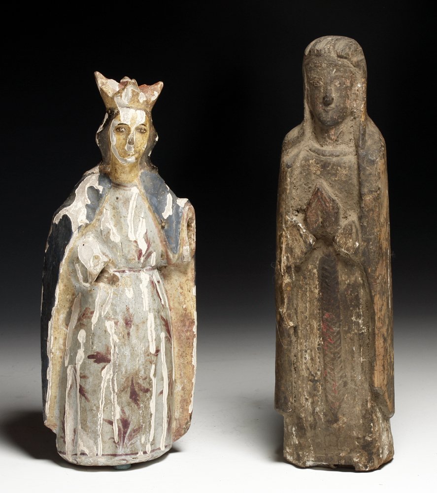 2 Antique Spanish Colonial Statues - Maria, La Purisima: First, polychrome example from Mexico or South America, Ca 1850, carved wood covered with gesso and painted over the top. Second, also wood, most likely from the Philippines, Ca 19th century, faint tr