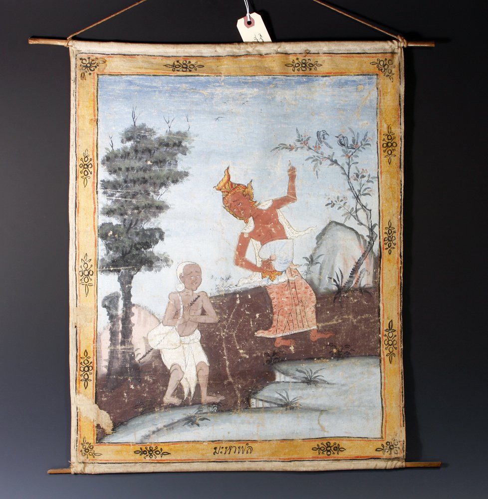 An Antique Thai Thangka Painting, Early 20th Century: Thailand, early 20th century CE. Similar to their more famous Tibetan cousins, Thai Thangkas have been produced for centuries. Painted on loosely woven canvas, with central deity / Buddhavista standin