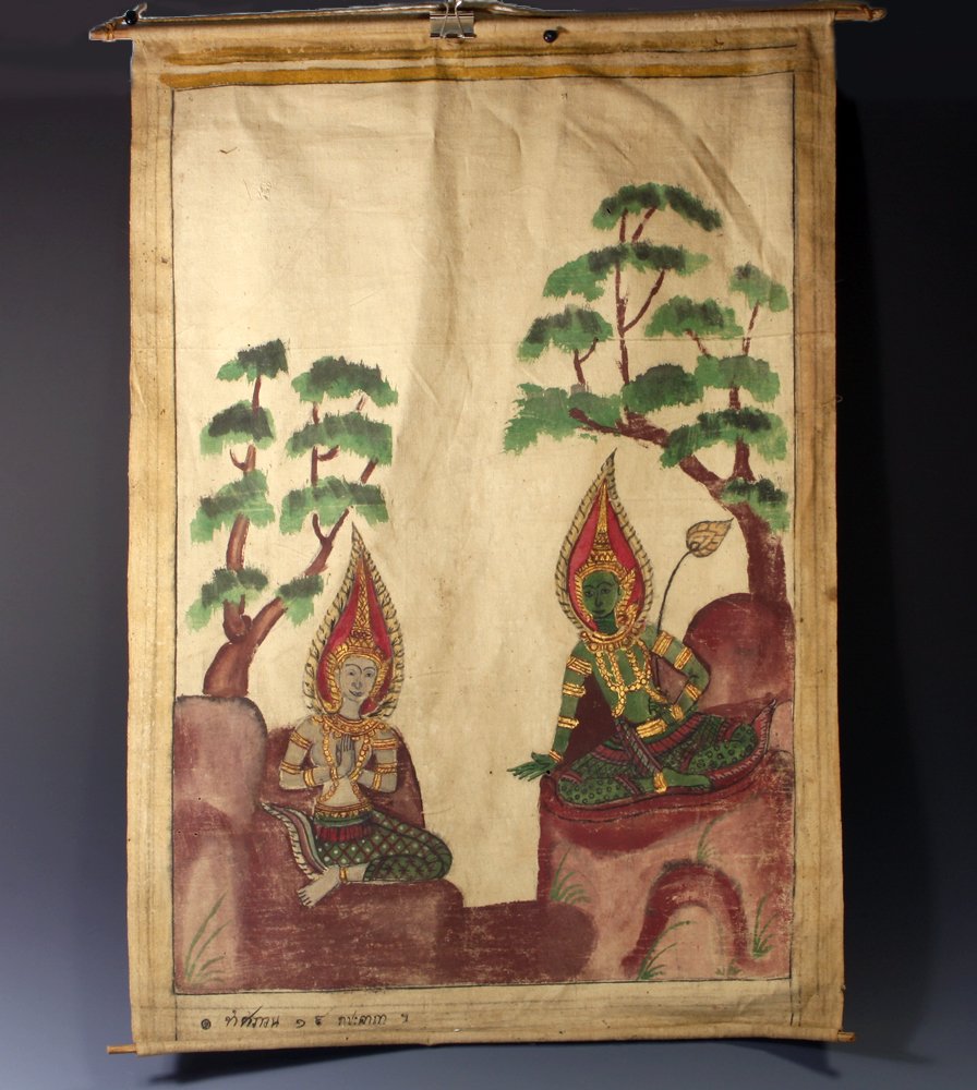 Another Antique Thai Thangka Painting: Thailand, mid-20th century CE. Similar to their more famous Tibetan cousins, Thai Thangkas have been produced for centuries. Painted on loosely woven canvas, with White and Green Tara - Tara in Tantri