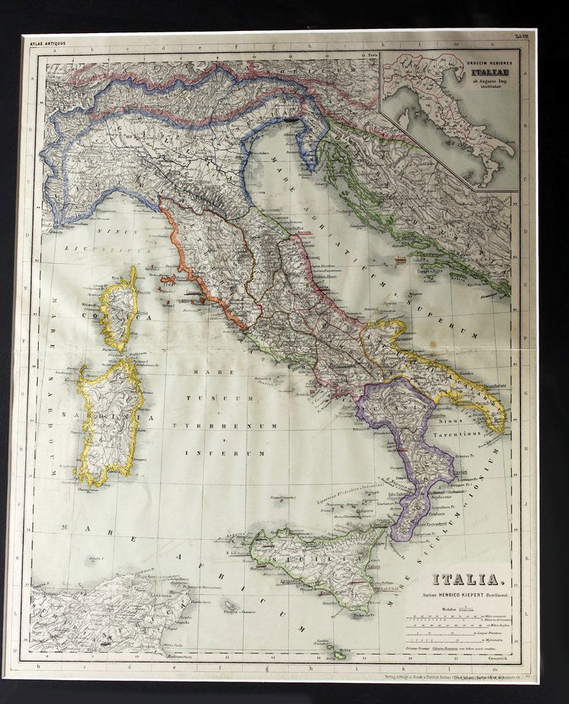 Three Antique Hand-Colored Maps: "Graecia Cum Insulis Et Oris Maris Aegaei (Greece with Islands and the Coast of Aegean Sea)." From Atlas Antiquus By Dr. Henry Kiepert Edition Published in 1900. Hand colored boundaries. Latinized nam