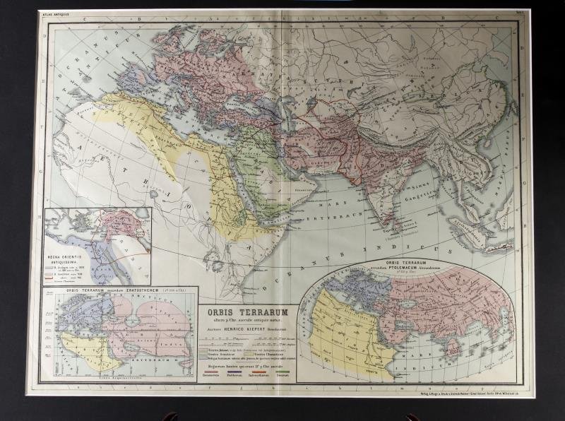 Two Antique Hand-Colored Maps - Ancient World: "Orbis Terrarum Altero p. Chr Saeculo Antiquis Notus (The Earth, Other Ancient Notable Generations Post Christ)." From Atlas Antiquus By Dr. Henry Kiepert, Edition Published in 1900. Hand-colored boun