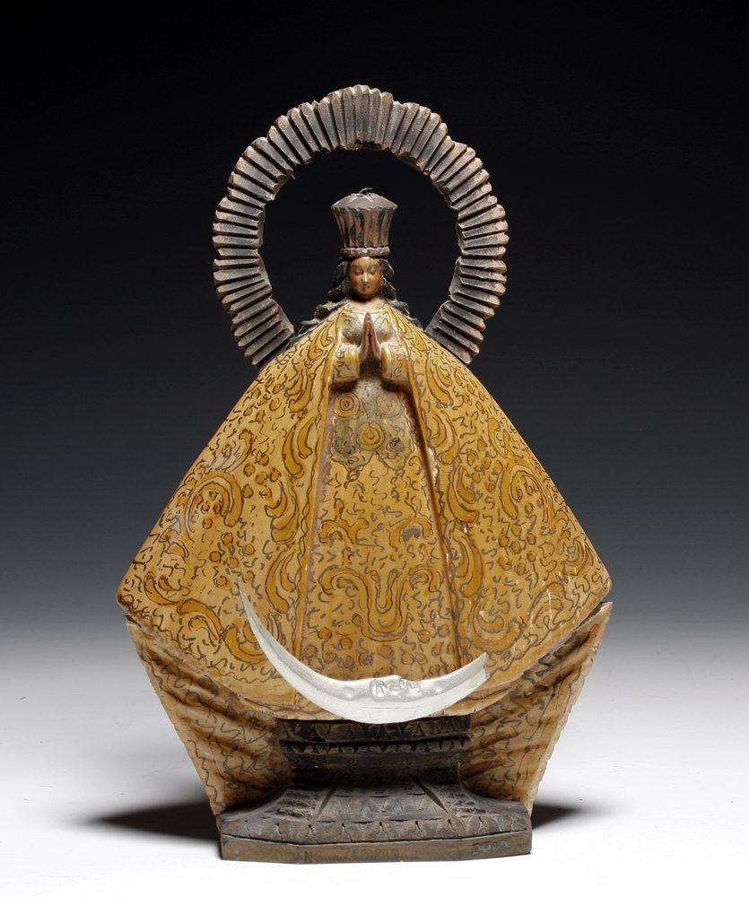 Antique Mexican Santos - Our Lady of Guadalupe: Mexico, Ca 1900 to 1920 CE. Lovely carved and painted wood Santos in the form of Our Lady of Guadalupe. Our Lady of Guadalupe (Spanish: Nuestra Señora de Guadalupe), also known as the Virgin of Guada