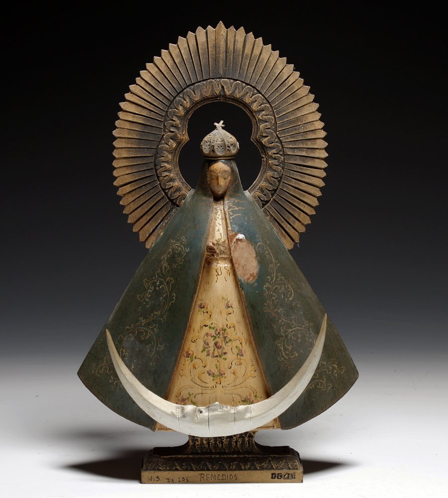 Another Antique Mexican Santos - Our Lady of Guadalupe: Mexico, Ca 1900 to 1920 CE. Lovely carved and painted wood Santos in the form of Our Lady of Guadalupe. Our Lady of Guadalupe (Spanish: Nuestra Señora de Guadalupe), also known as the Virgin of Guada