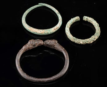 Set of 3 Ancient Bronze Bracelets w/ Ram-Headed Motif