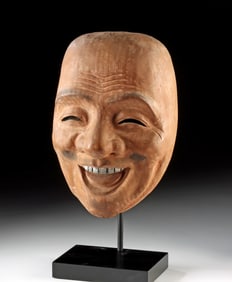 Showa-Era Japanese Wood Mask - Smiling Fukujin Deity