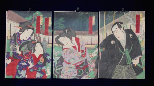 3 Japanese Kabuki Woodblock Prints by Yoshu Chikanobu