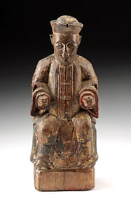 Chinese 19th C. Wood Ancestor Figure w/ Paper Prayer