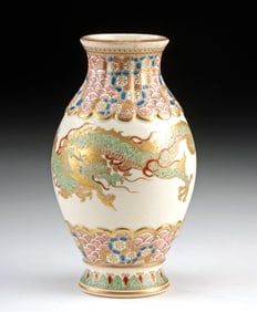 Japanese Gilt Satsuma Vase w/ Dragon & Flaming Pearl