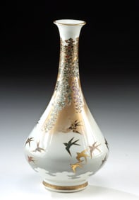 Meiji 1900s Japanese Kutani Porcelain Vase w/ Swallows