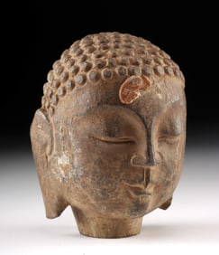 19th C. Chinese Qing Stone Buddha Head w/ Wax Seal