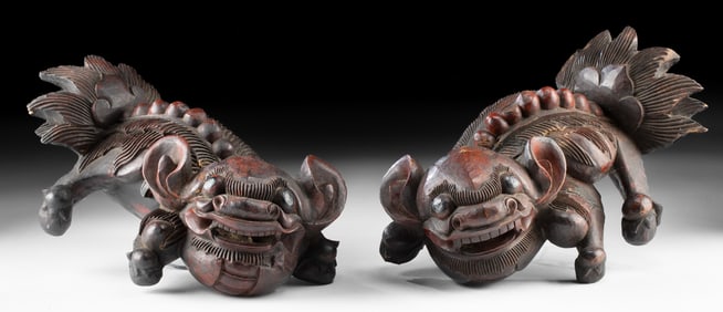 19th C. Chinese Cinnabar Lacquered Wood Fu Lions