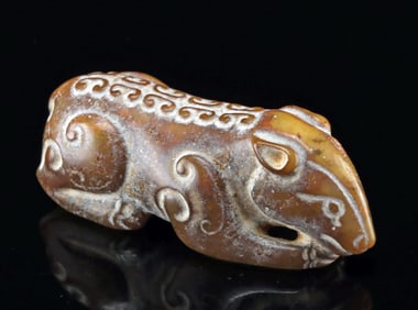 Chinese Nephrite Jade Animal w/ Thunder-Cloud Pattern
