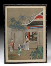Early 20th C. Chinese Silk Painting, Women in Courtyard