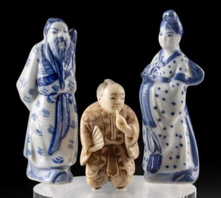 2 Chinese Porcelain Immortal Figures & Japanese Netsuke