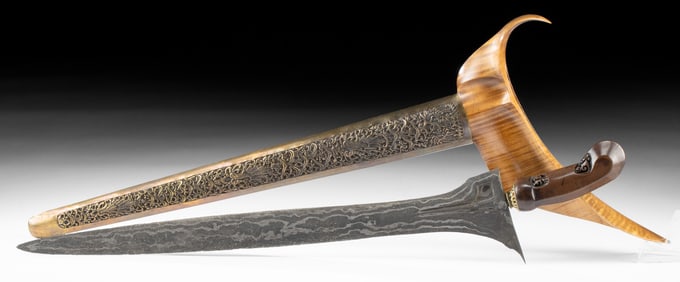 Early 19th C. Indonesian Kris w/ Brass Repousse Sheath
