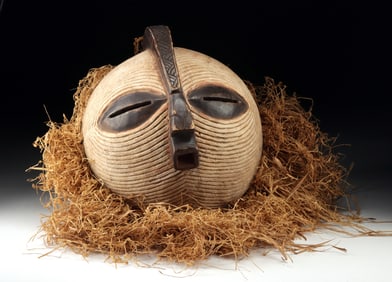 Striking Congolese Ritual Wood & Raffia Kifwebe Mask