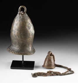 Two Nigerian Yoruba Brass Altar Bells & Chain