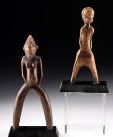 African Baule Wood Slingshot Handles Standing Figures
