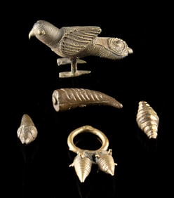 5 Brass Items: Akan Weights, Dogon Ring & Indian Bird