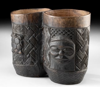 African Kuba Wood Palm Wine Cup, Conjoined Vessels