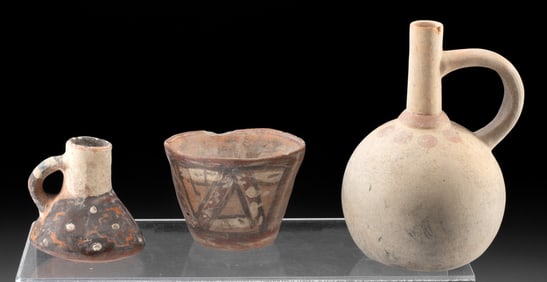 Moche Pottery Stirrup Vessel + Ica & Tiahuanaco Vessels