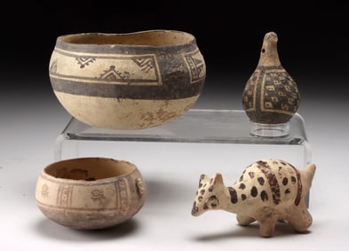 4 Chancay Pottery Pieces - Toy, Rattle, & Bowls