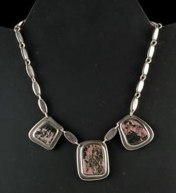 Taxco Sterling Silver & Pink Rhodonite Stone Necklace