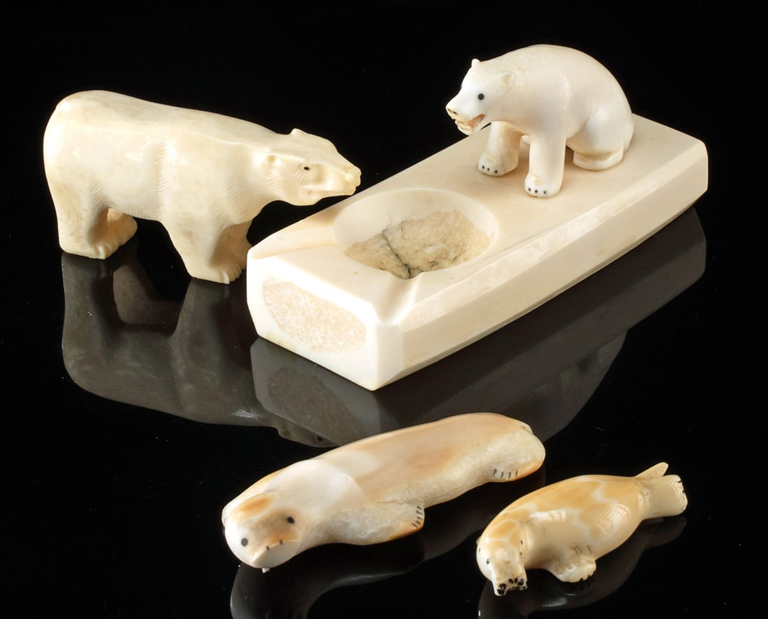 Inuit Walrus Ivory Animal Carvings & Ashtray, 4 pcs: **Originally Listed At $400** Native American, Northwestern United States, Alaska, Inuit/Inupiaq culture, ca. mid to late 20th century CE. A charming collection of hand-carved walrus ivory figures fea