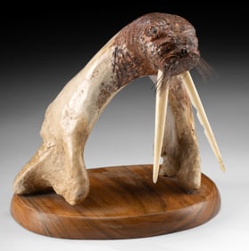Carved Walrus Sculpture q/ Glass Eyes, Tusk Inlay