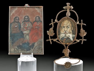 19th C. Mexican Tin Retablo & 20th C. European Portrait