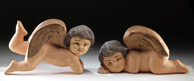 Vintage Mexican Painted Wood Cherubs w/ Glass Eyes (pr)