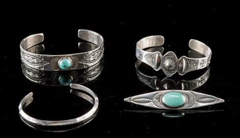 Fred Harvey Silver & Turquoise Bracelet Cuffs + Brooch