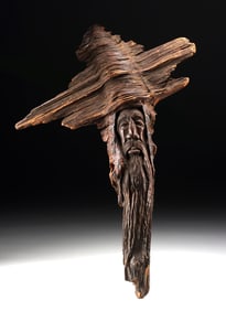 American Folk Art Tree Spirit Carving, Heart Pine Wood