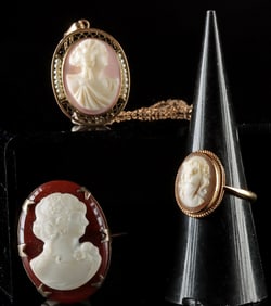 Victorian Gold & Silver Cameo Necklace, Ring, & Brooch