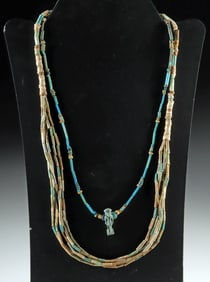 Two Egyptian Faience Necklaces, Featuring Horus Amulet