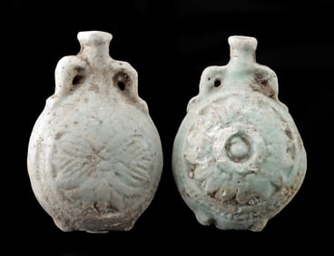 Two Egyptian Faience Flasks - Rosettes, Lotus, & Thoth