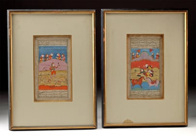 Two 18th C. Persian Shahnameh Miniatures, Tigers & Duel