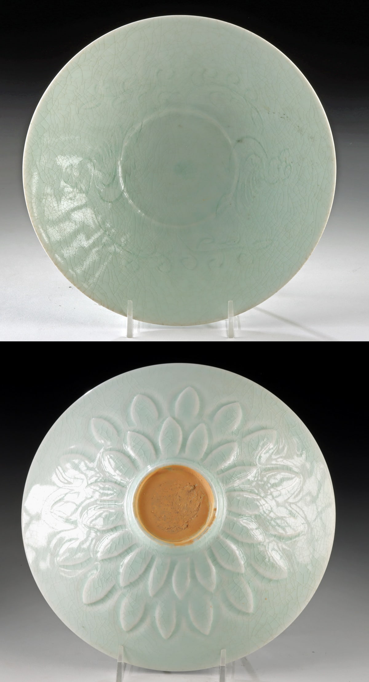 Song Dynasty Glazed Porcelain Bowl w/ Birds & Sprigs: East Asia, China, Song Dynasty, ca. 960 to 1279 CE. A graceful porcelain bowl, masterfully shaped with thin, flaring walls that rise to a gently everted rim, all supported upon a narrow ring foot. The